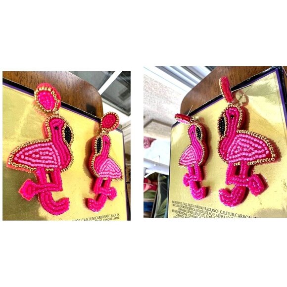 Flamingo Earrings Beaded Dangle Post New Pink Statement Jewelry Caribbe… - Picture 11 of 12